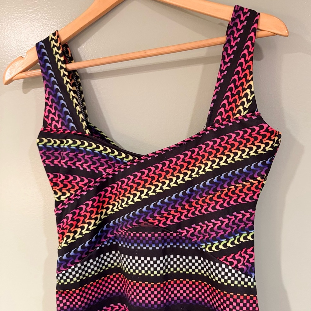 Vintage Y2K Rainbow Geometric Body-con Dress Hippie Fest Women S Club Sexy 90s - Picture 10 of 16